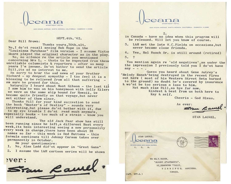 Stan Laurel Letter Signed With His Full Name -- ''...The old Jack Paar show has...a different Host every week...this formula continues till Johnny Carson takes over permanently in October...''